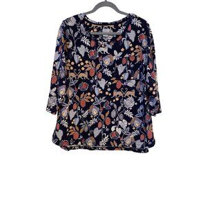 Chicos 2 Navy Floral Top L Cotton Modal Cheetah Detail Boho Artsy Hi Low Hem